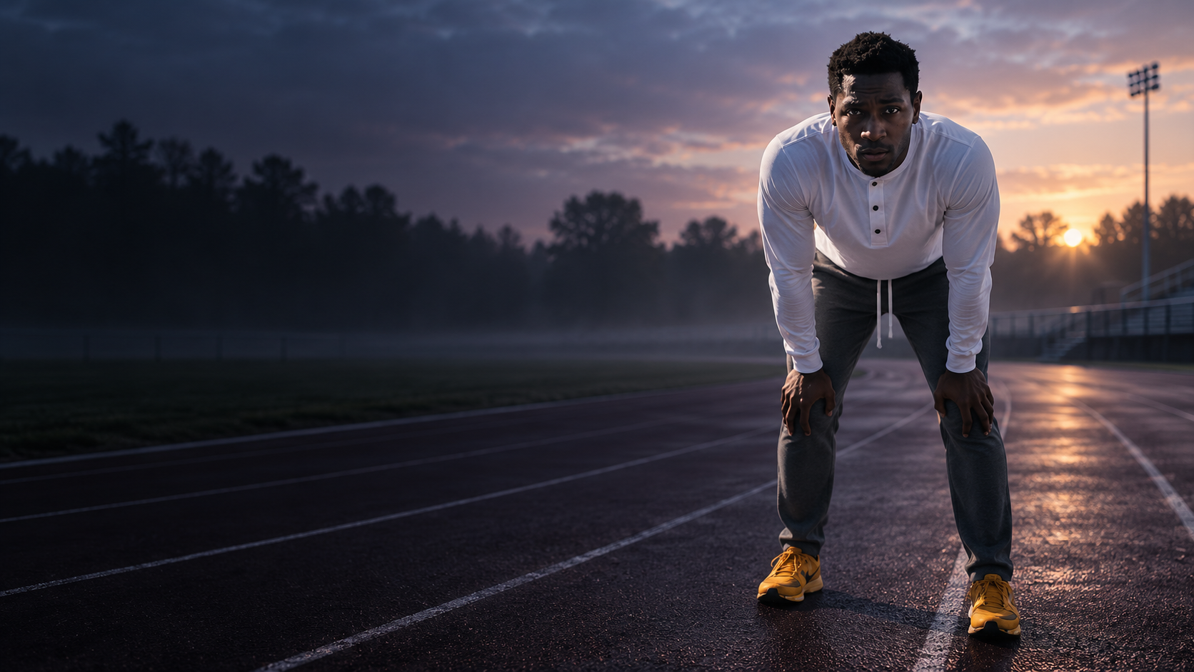 A focused athlete pauses on a running track, hands on knees, preparing for the next effort.